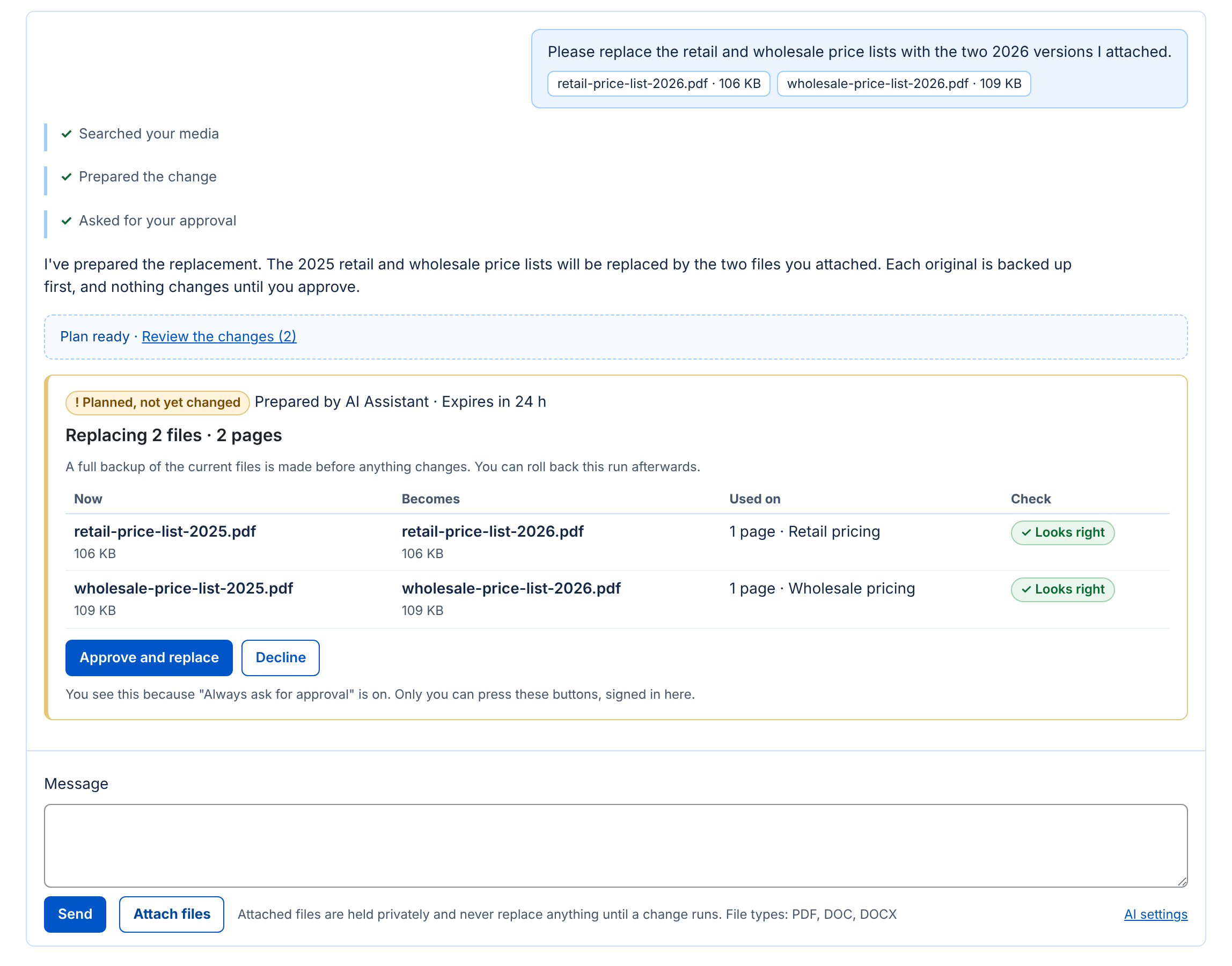 The AI Assistant chat. A message asks to replace two price lists with two attached PDFs. The plan reads “Replacing 2 files, 2 pages”: each old file, the file it becomes and the page that uses it, with the buttons Approve and replace and Decline. Nothing has changed yet.