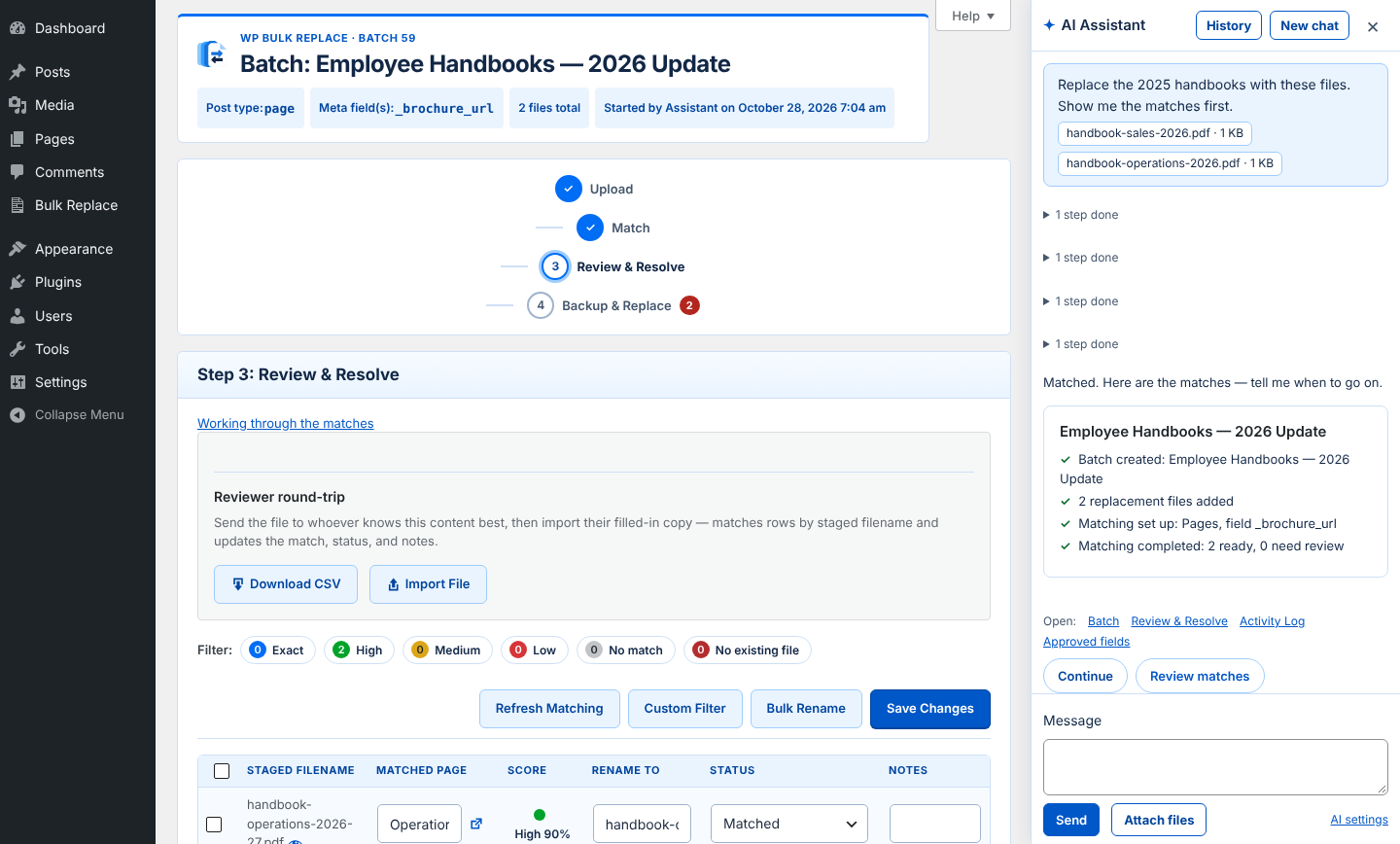 The AI Assistant panel open on the right of the Review & Resolve step, with the batch’s matches in the main area. The chat shows the batch it created and the buttons Continue and Review matches.