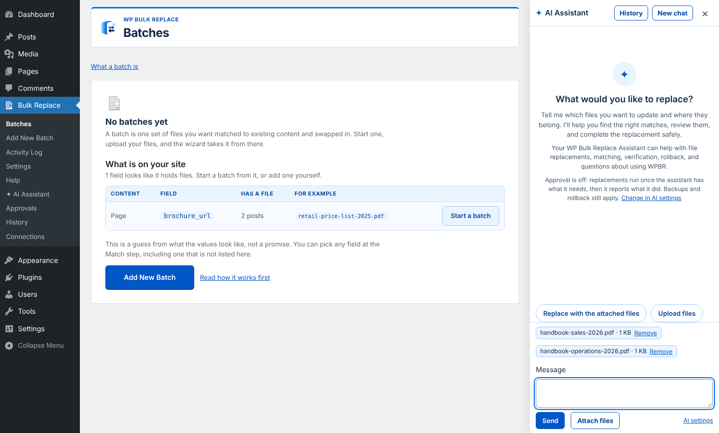 The Assistant panel with two PDF files attached and the suggestions “Replace with the attached files” and “Upload files” above the message box.