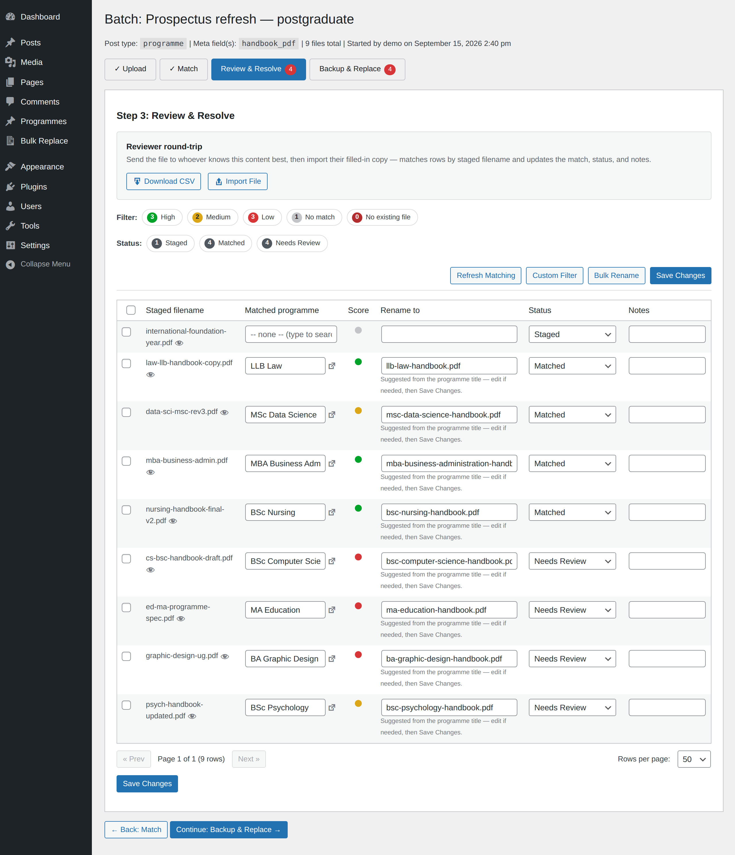 The review screen for a batch called Prospectus refresh: nine new PDFs matched to the programme pages they belong on — three the plugin is confident about, two it is fairly sure of, three it is unsure about and one it could not place. Four are waiting to be checked.